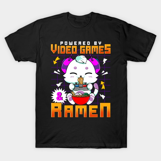 Powered By Video Games & Ramen Anime Cat Gamer T-Shirt by theperfectpresents